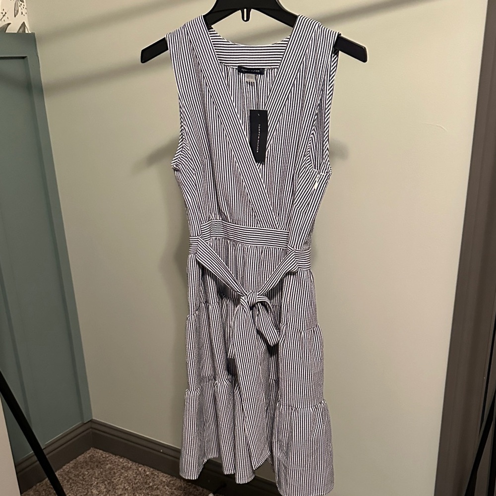 Tommy Hilfiger Navy and White Striped Midi Dress